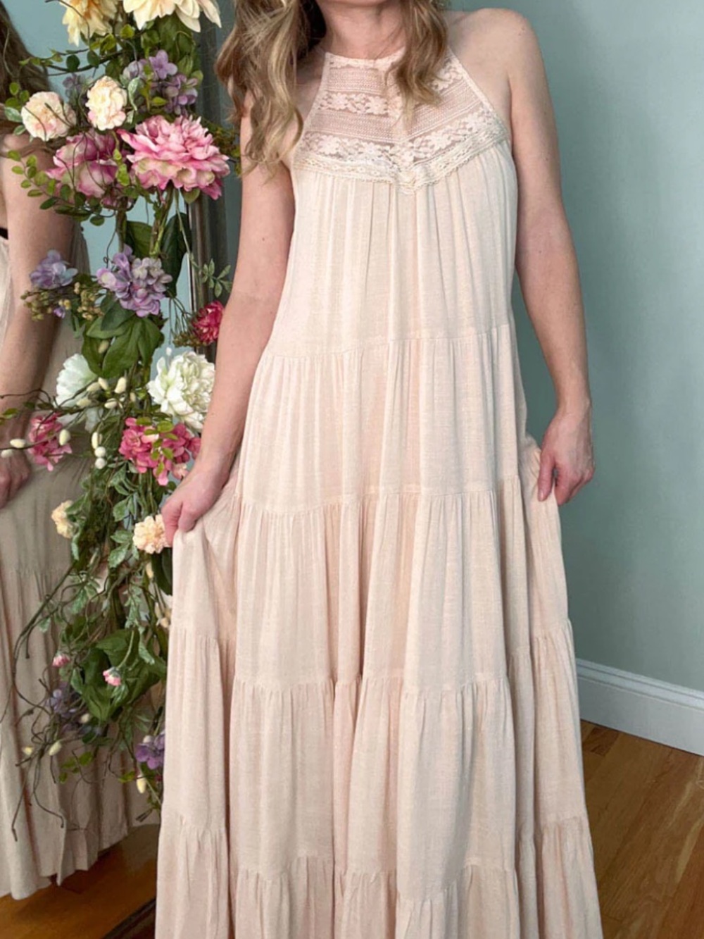 By the River Light Beige Halter Lace Tiered Maxi Dress. Size Large. NWT.